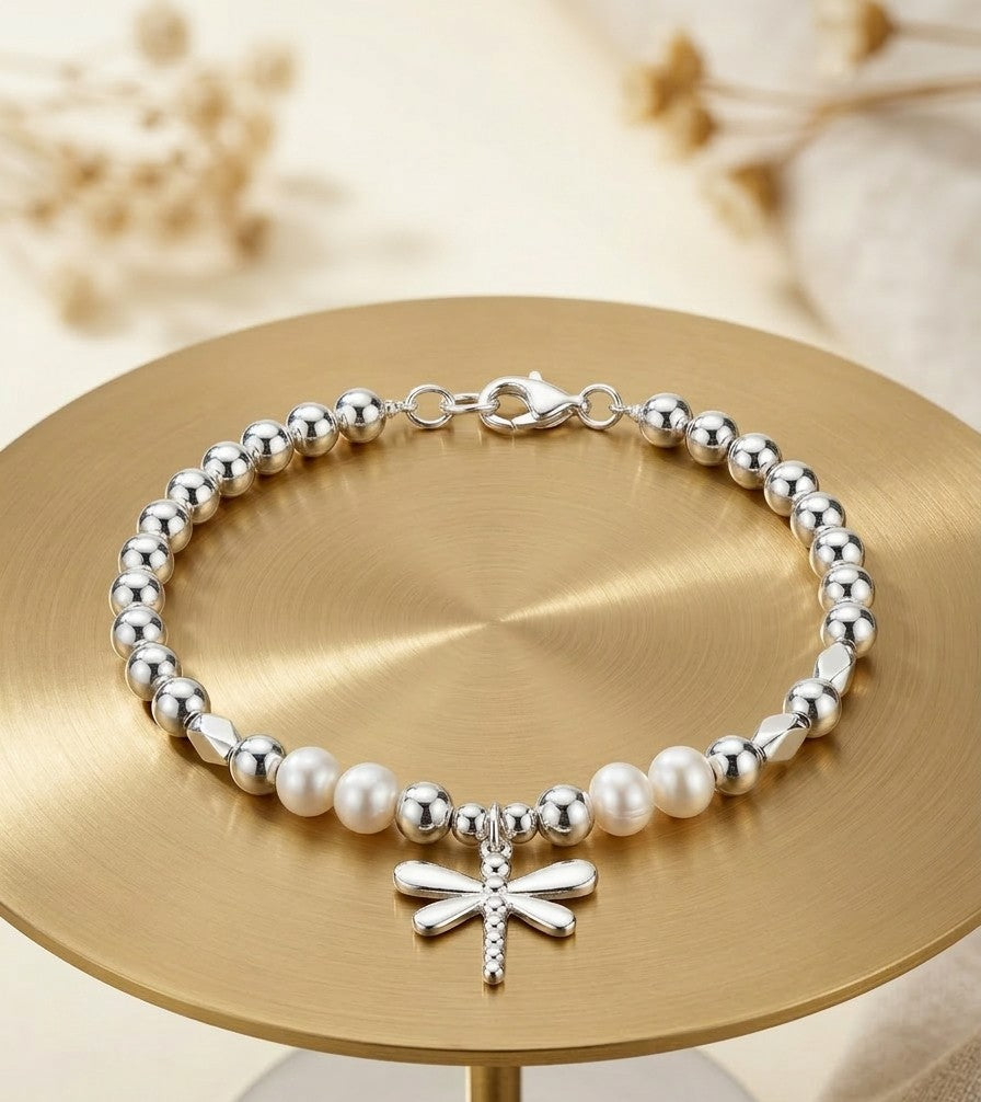 Pulsera Libélula perla plateada