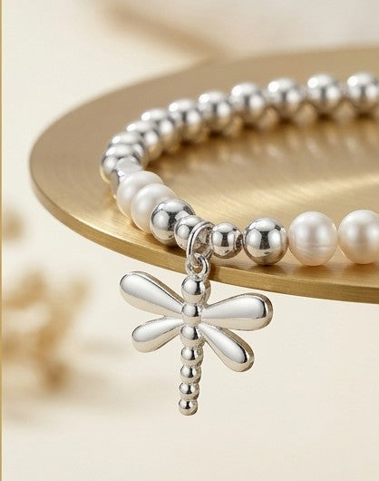 Pulsera Libélula perla plateada