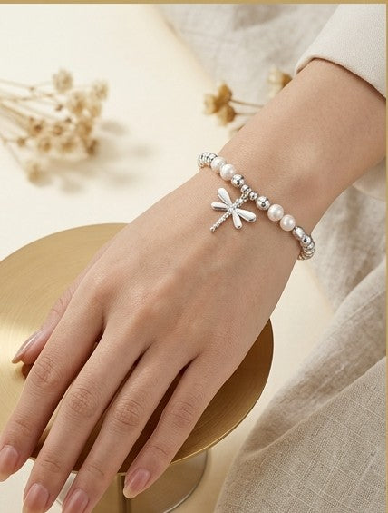 Pulsera Libélula perla plateada